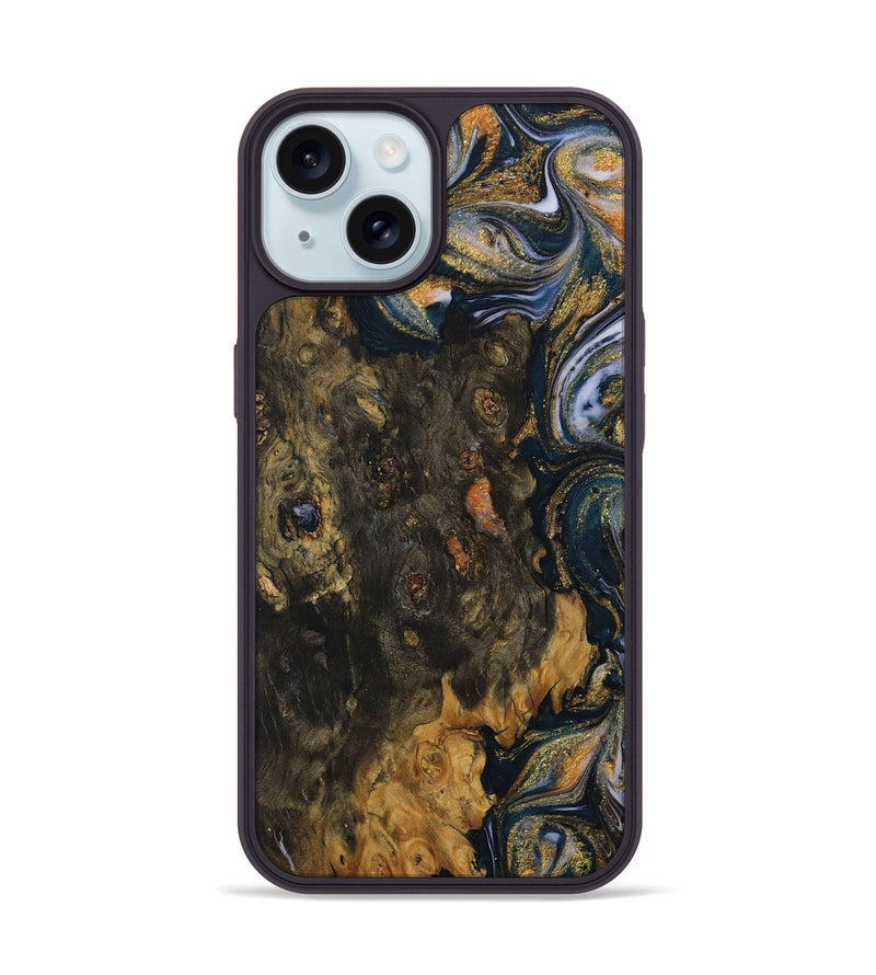 iPhone 15 Wood Phone Case - Cate (Teal & Gold, 729580)