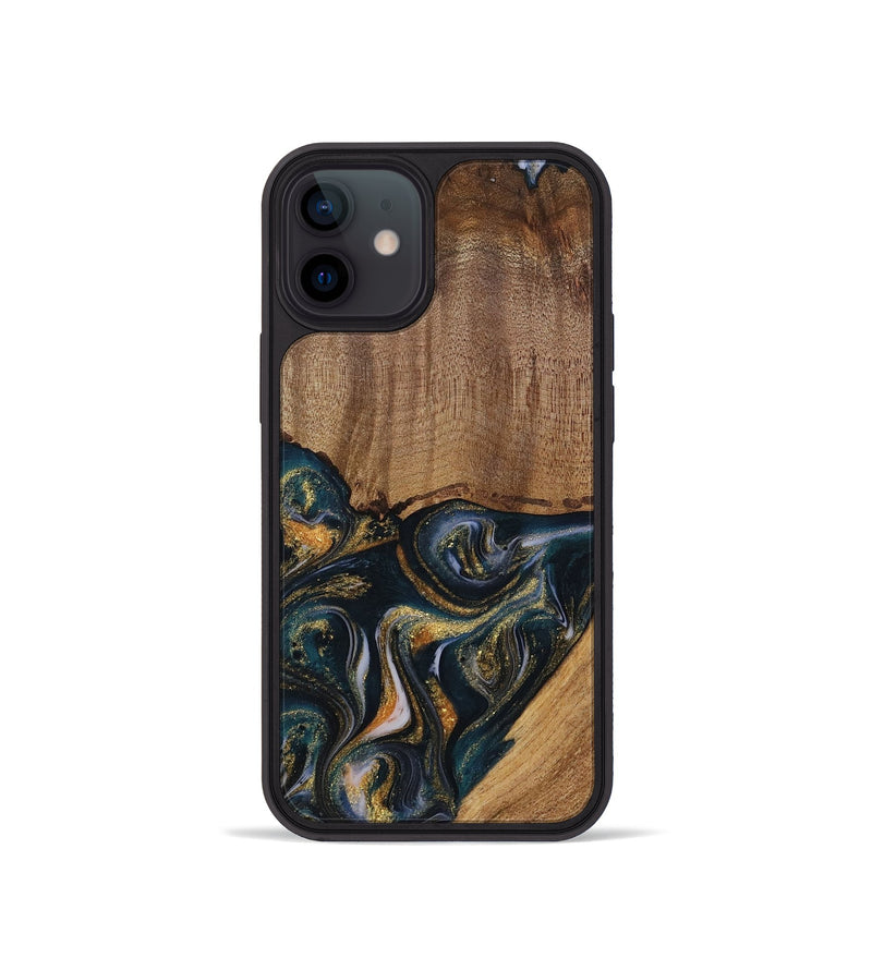 iPhone 12 mini Wood Phone Case - Sisely (Teal & Gold, 729613)