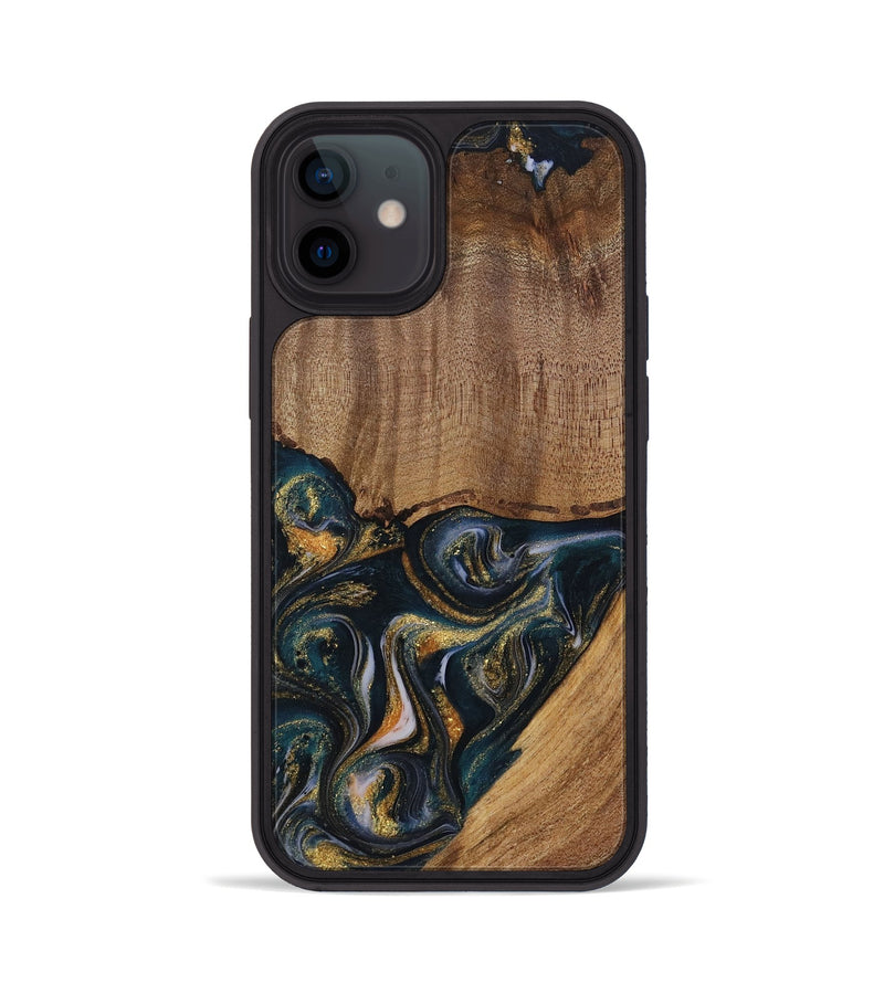 iPhone 12 Wood Phone Case - Sisely (Teal & Gold, 729613)