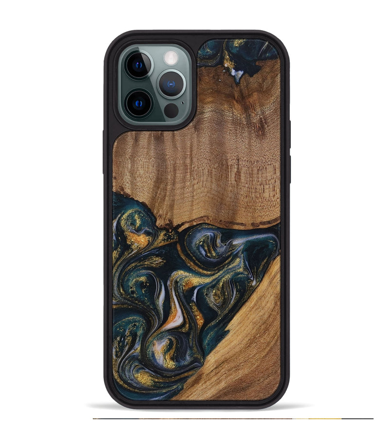 iPhone 12 Pro Max Wood Phone Case - Sisely (Teal & Gold, 729613)