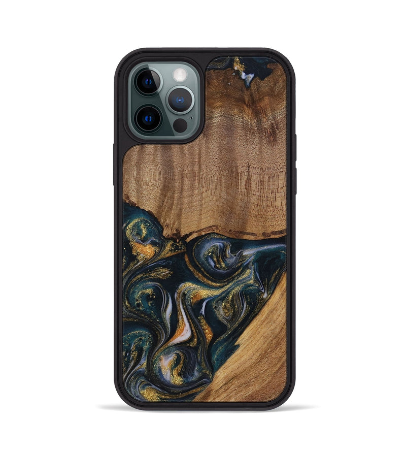 iPhone 12 Pro Wood Phone Case - Sisely (Teal & Gold, 729613)