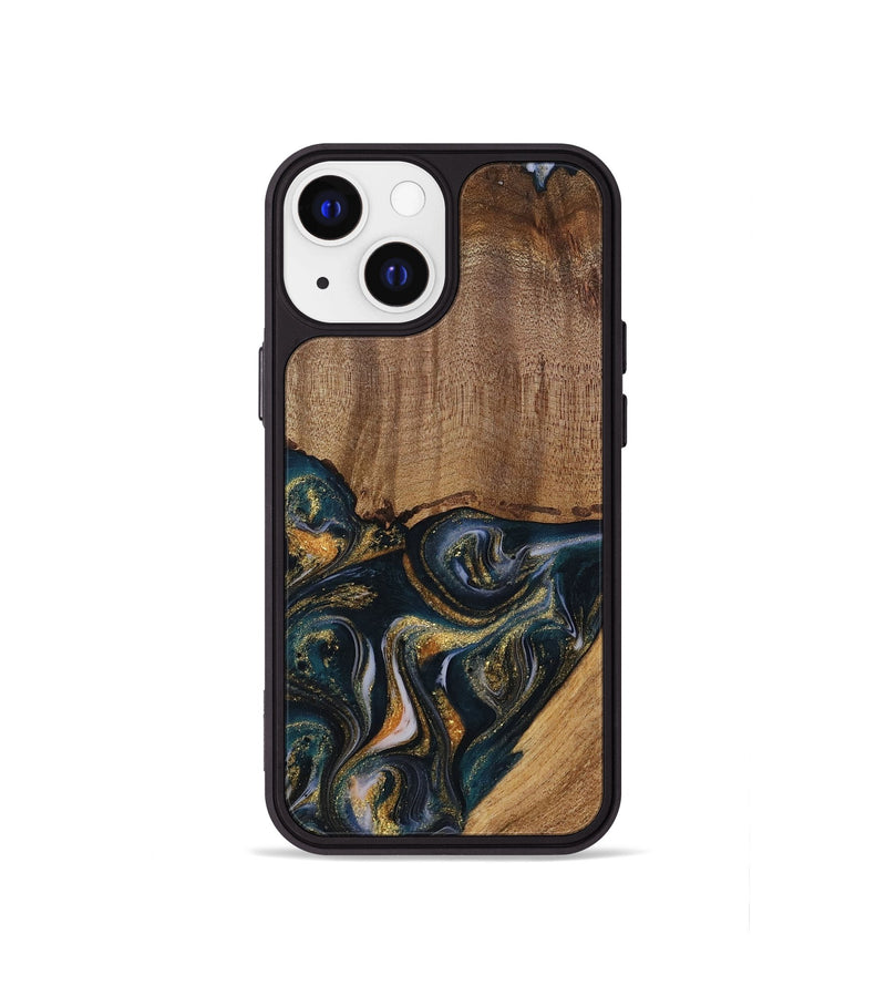 iPhone 13 mini Wood Phone Case - Sisely (Teal & Gold, 729613)