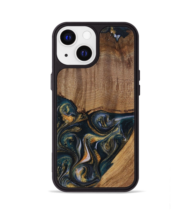 iPhone 13 Wood Phone Case - Sisely (Teal & Gold, 729613)