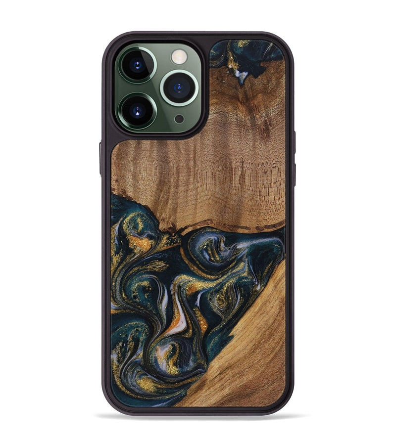 iPhone 13 Pro Max Wood Phone Case - Sisely (Teal & Gold, 729613)