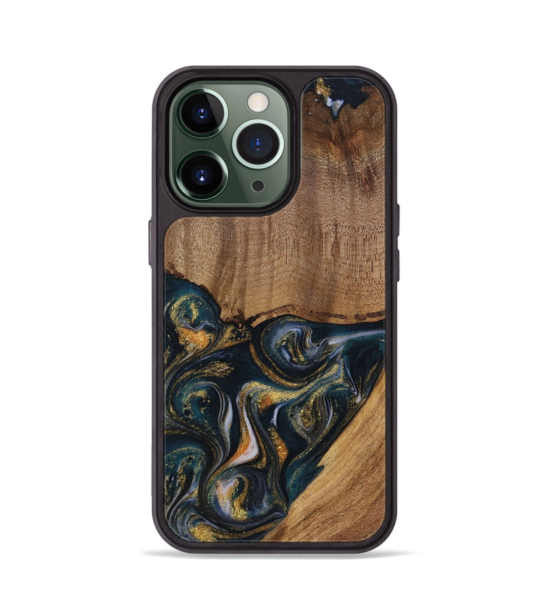 iPhone 13 Pro Wood Phone Case - Sisely (Teal & Gold, 729613)