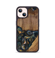 iPhone 14 Wood Phone Case - Sisely (Teal & Gold, 729613)