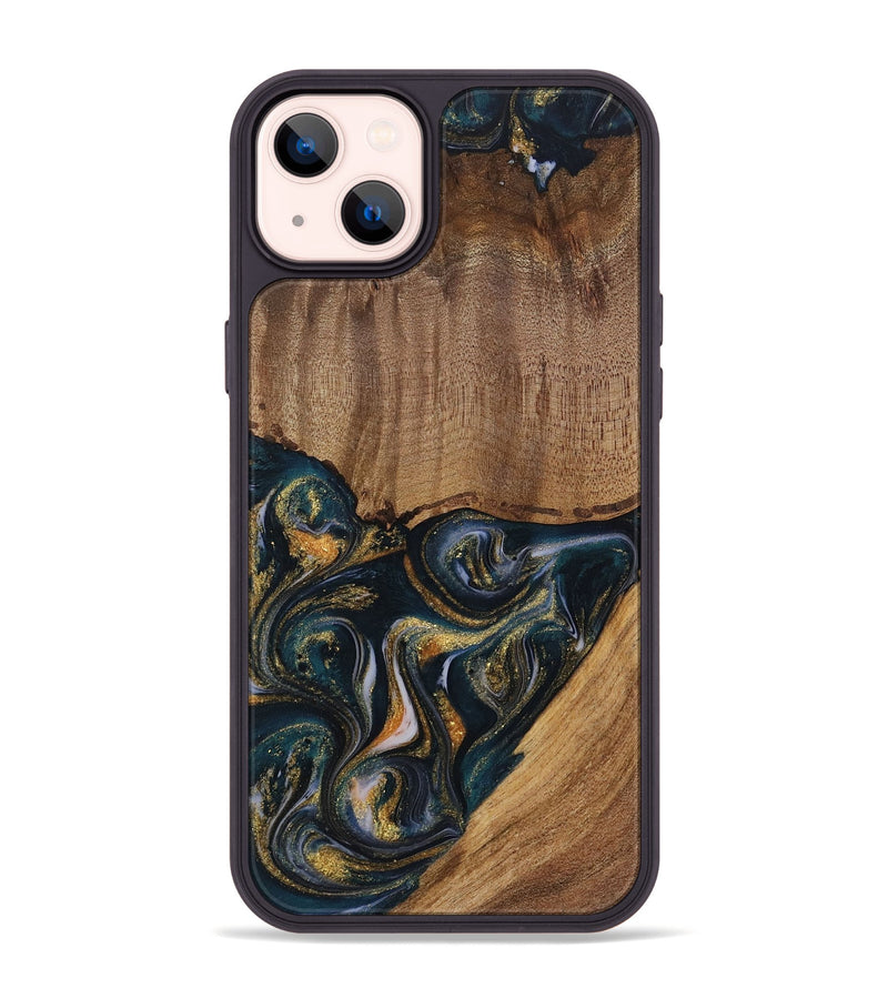 iPhone 14 Plus Wood Phone Case - Sisely (Teal & Gold, 729613)