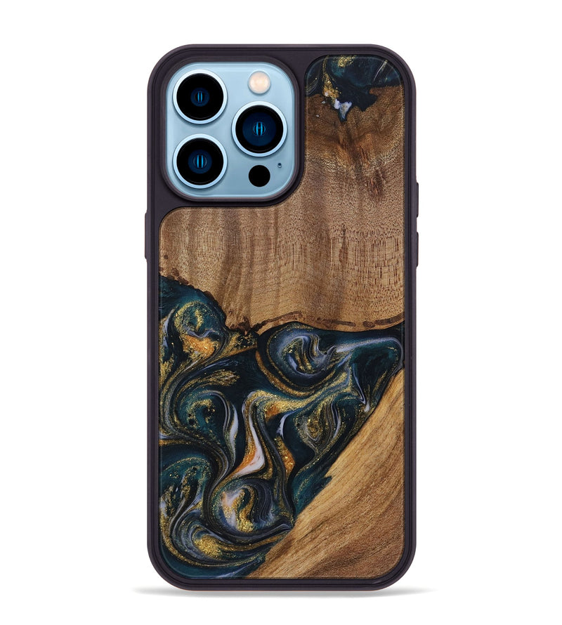 iPhone 14 Pro Max Wood Phone Case - Sisely (Teal & Gold, 729613)