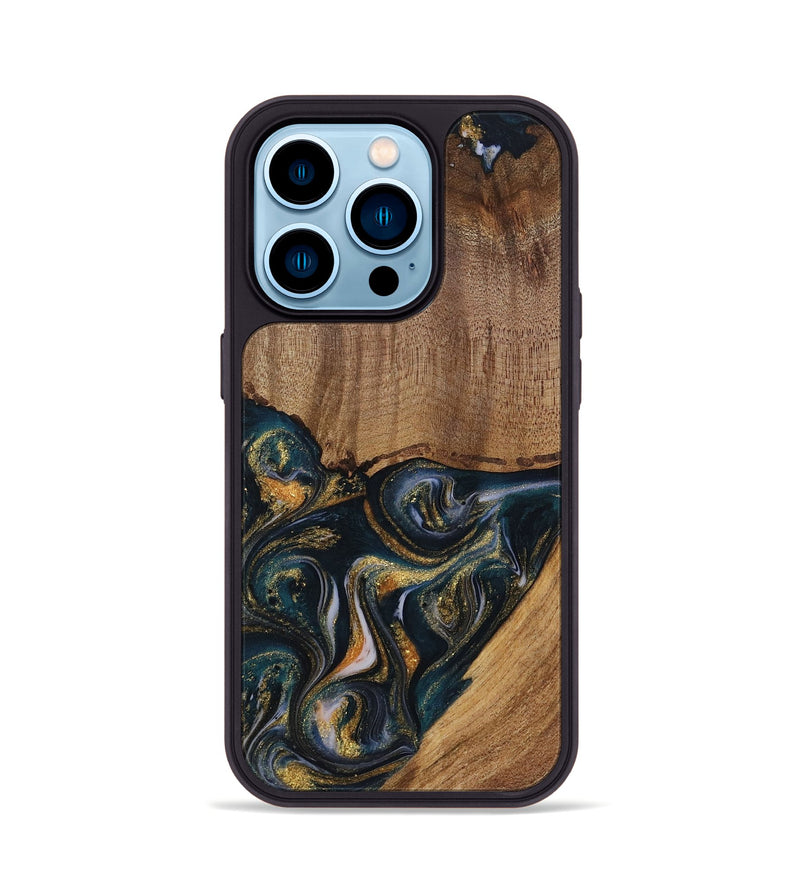 iPhone 14 Pro Wood Phone Case - Sisely (Teal & Gold, 729613)