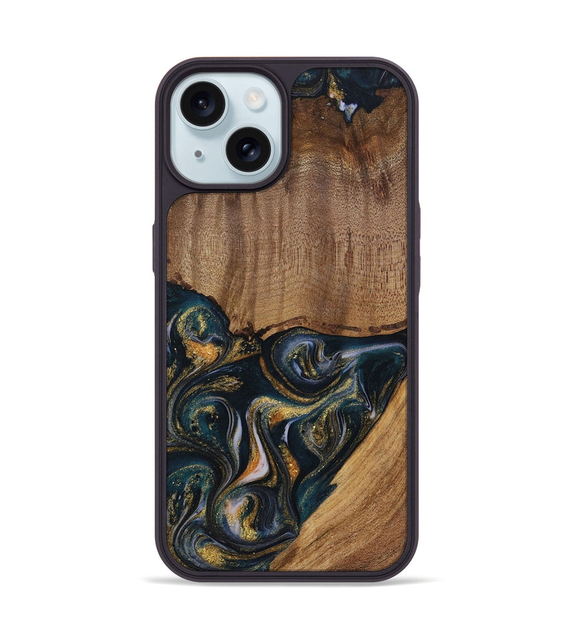 iPhone 15 Wood Phone Case - Sisely (Teal & Gold, 729613)