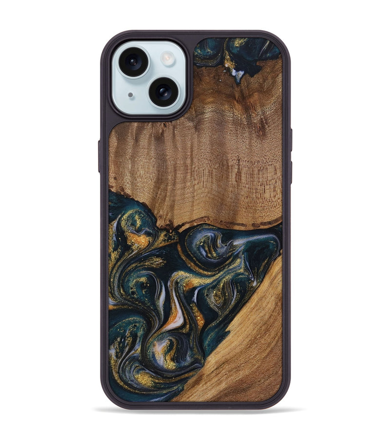 iPhone 15 Plus Wood Phone Case - Sisely (Teal & Gold, 729613)