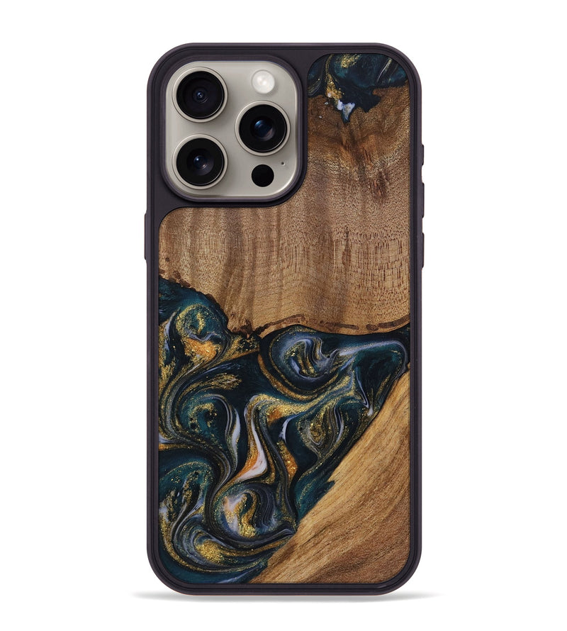 iPhone 15 Pro Max Wood Phone Case - Sisely (Teal & Gold, 729613)