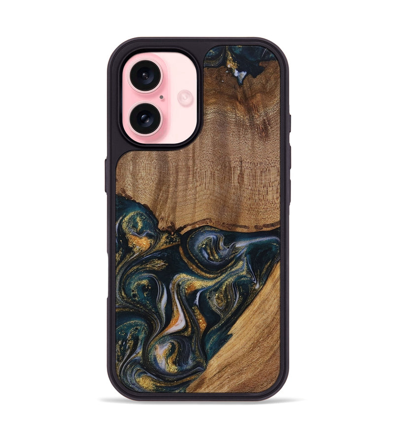 iPhone 16 Wood Phone Case - Sisely (Teal & Gold, 729613)