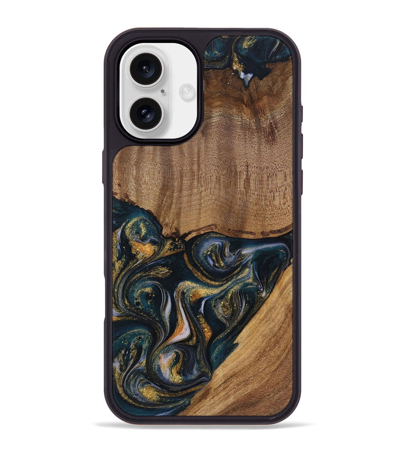 iPhone 16 Plus Wood Phone Case - Sisely (Teal & Gold, 729613)