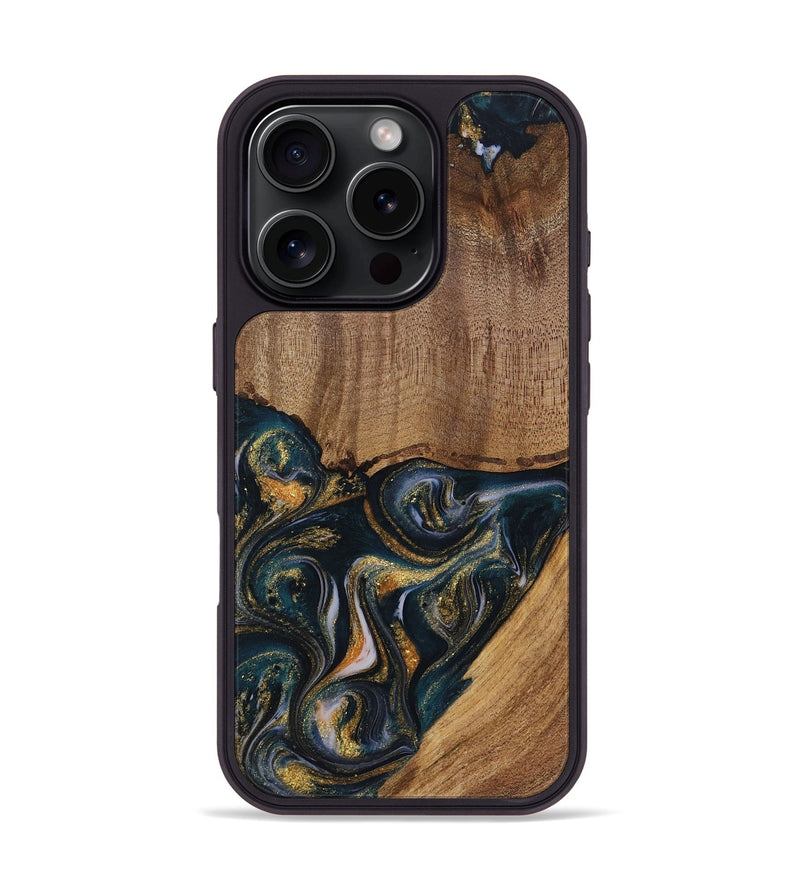 iPhone 16 Pro Wood Phone Case - Sisely (Teal & Gold, 729613)