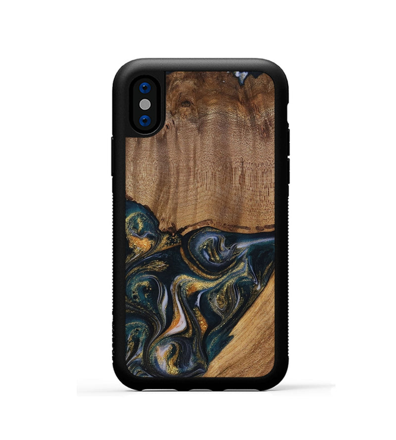 iPhone Xs Wood Phone Case - Sisely (Teal & Gold, 729613)