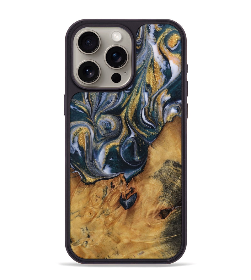 iPhone 15 Pro Max Wood Phone Case - Manila (Teal & Gold, 729629)