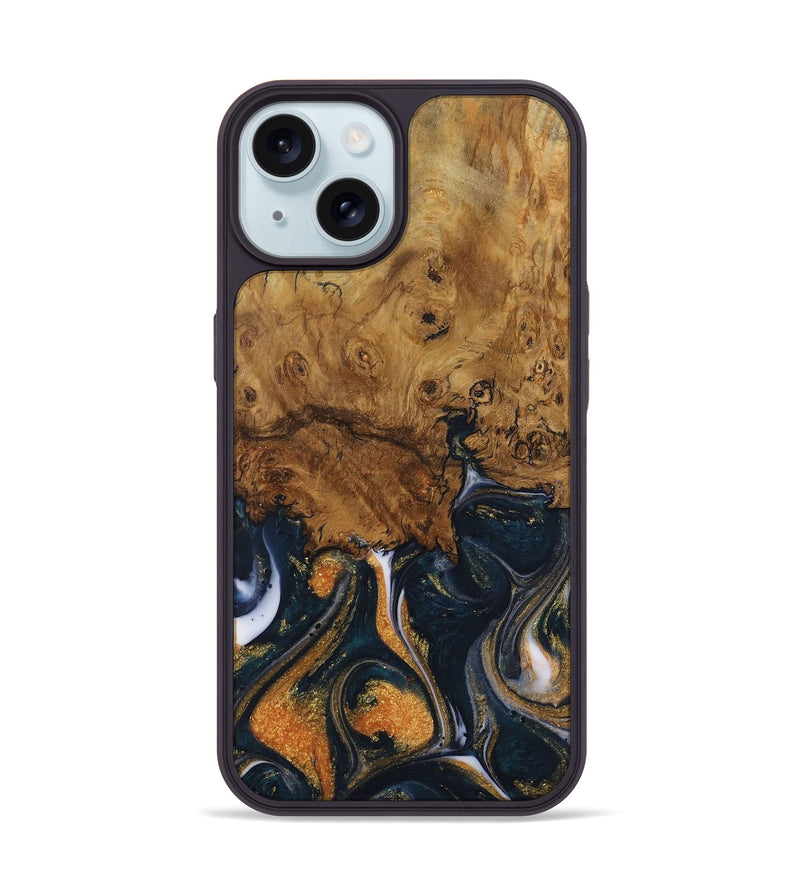 iPhone 15 Wood Phone Case - Vicu (Teal & Gold, 729644)