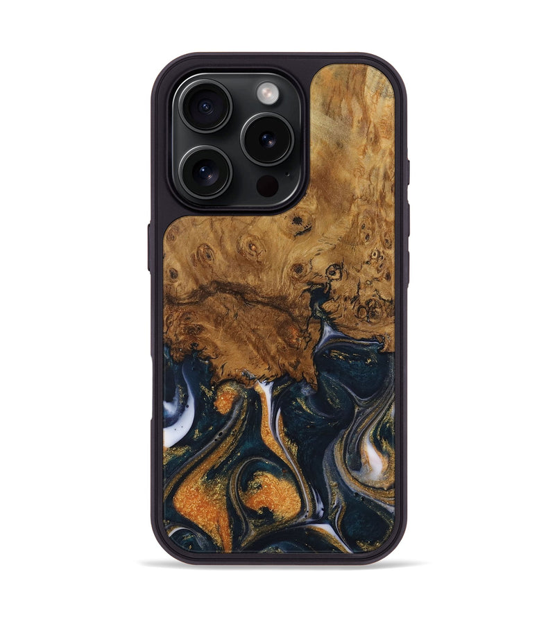 iPhone 16 Pro Wood Phone Case - Vicu (Teal & Gold, 729644)