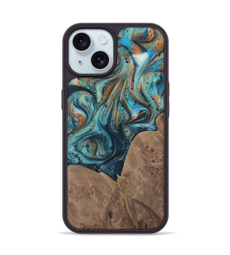 iPhone 15 Wood Phone Case - Trudie (Teal & Gold, 729738)