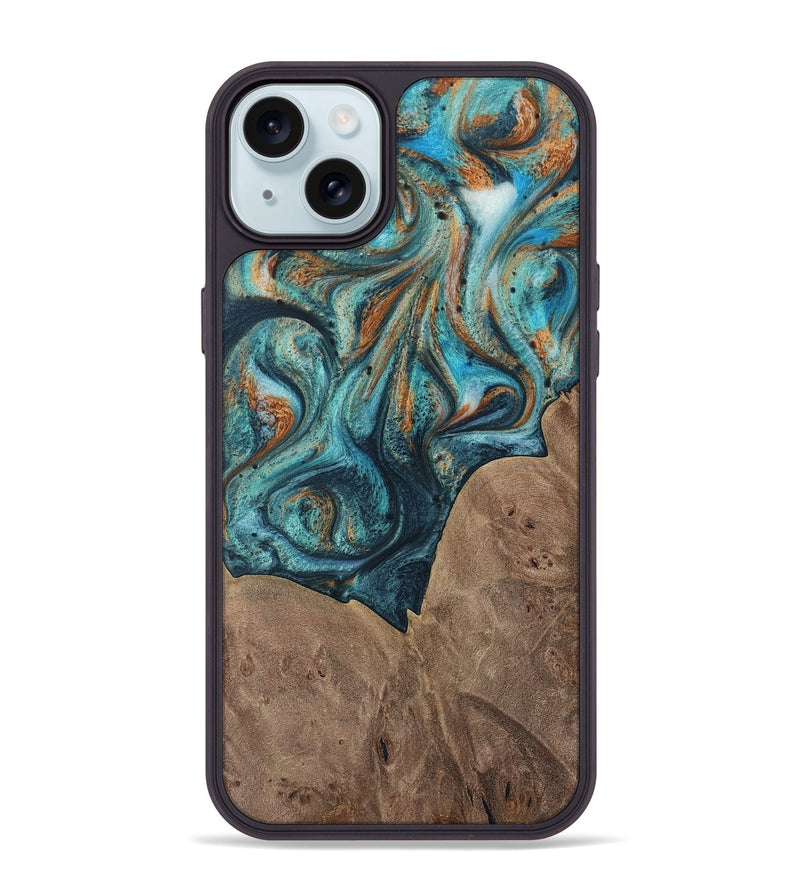 iPhone 15 Plus Wood Phone Case - Trudie (Teal & Gold, 729738)