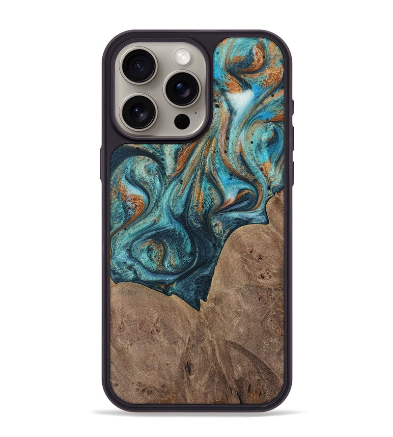 iPhone 15 Pro Max Wood Phone Case - Trudie (Teal & Gold, 729738)