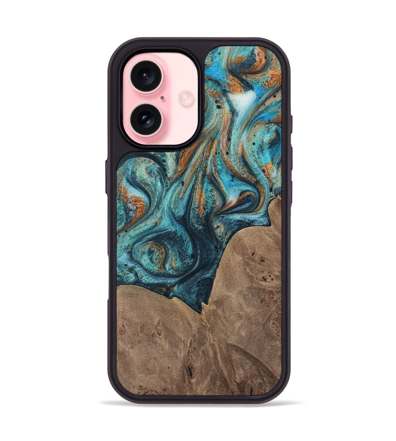 iPhone 16 Wood Phone Case - Trudie (Teal & Gold, 729738)