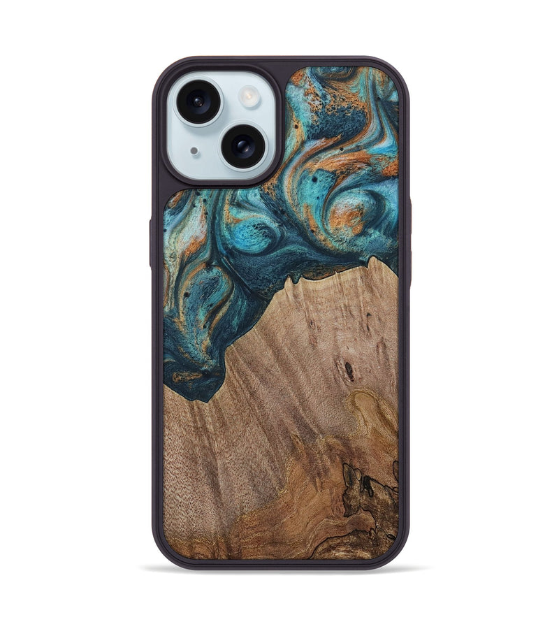 iPhone 15 Wood Phone Case - Electra (Teal & Gold, 729763)