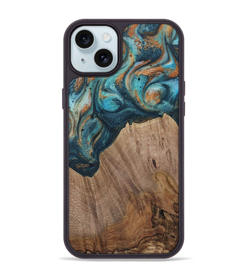 iPhone 15 Plus Wood Phone Case - Electra (Teal & Gold, 729763)