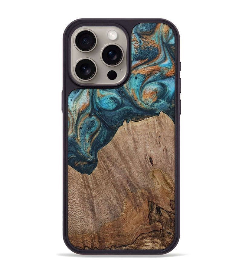 iPhone 15 Pro Max Wood Phone Case - Electra (Teal & Gold, 729763)