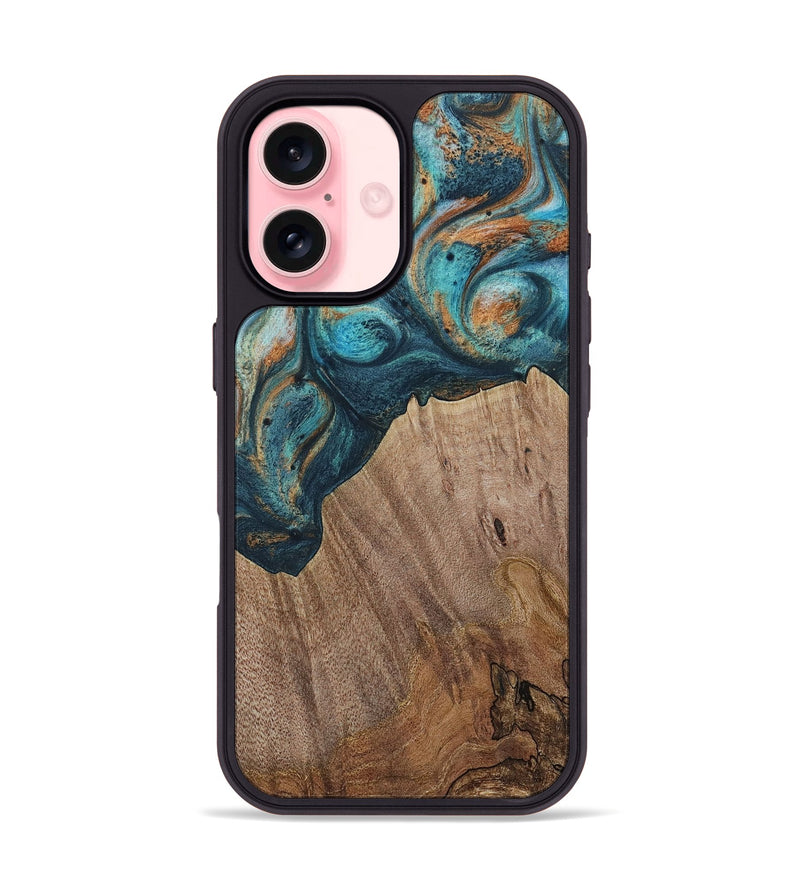 iPhone 16 Wood Phone Case - Electra (Teal & Gold, 729763)