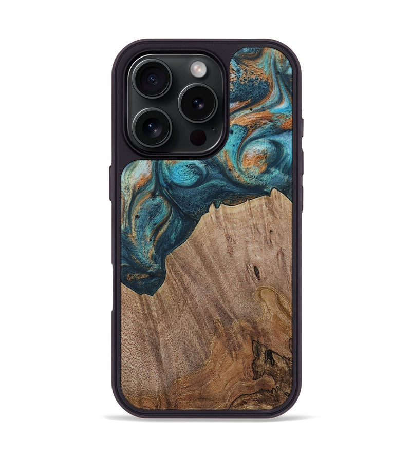 iPhone 16 Pro Wood Phone Case - Electra (Teal & Gold, 729763)