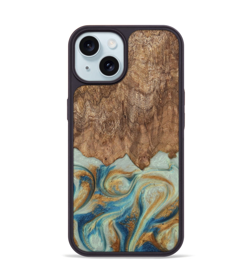 iPhone 15 Wood Phone Case - Murdock (Teal & Gold, 729930)