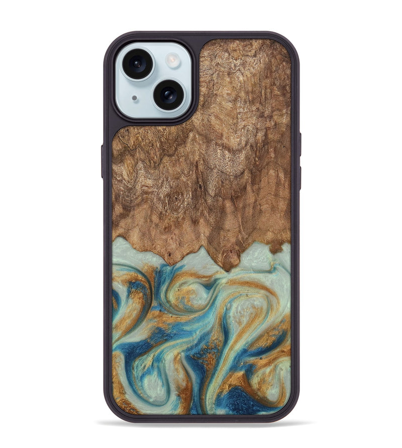 iPhone 15 Plus Wood Phone Case - Murdock (Teal & Gold, 729930)