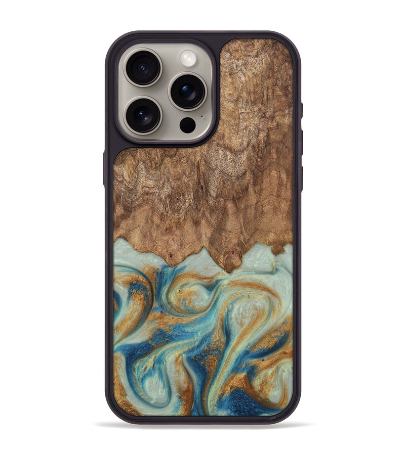 iPhone 15 Pro Max Wood Phone Case - Murdock (Teal & Gold, 729930)