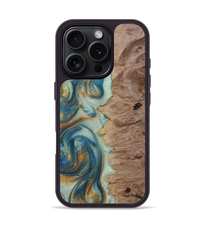 iPhone 16 Pro Wood Phone Case - Clevie (Teal & Gold, 729955)