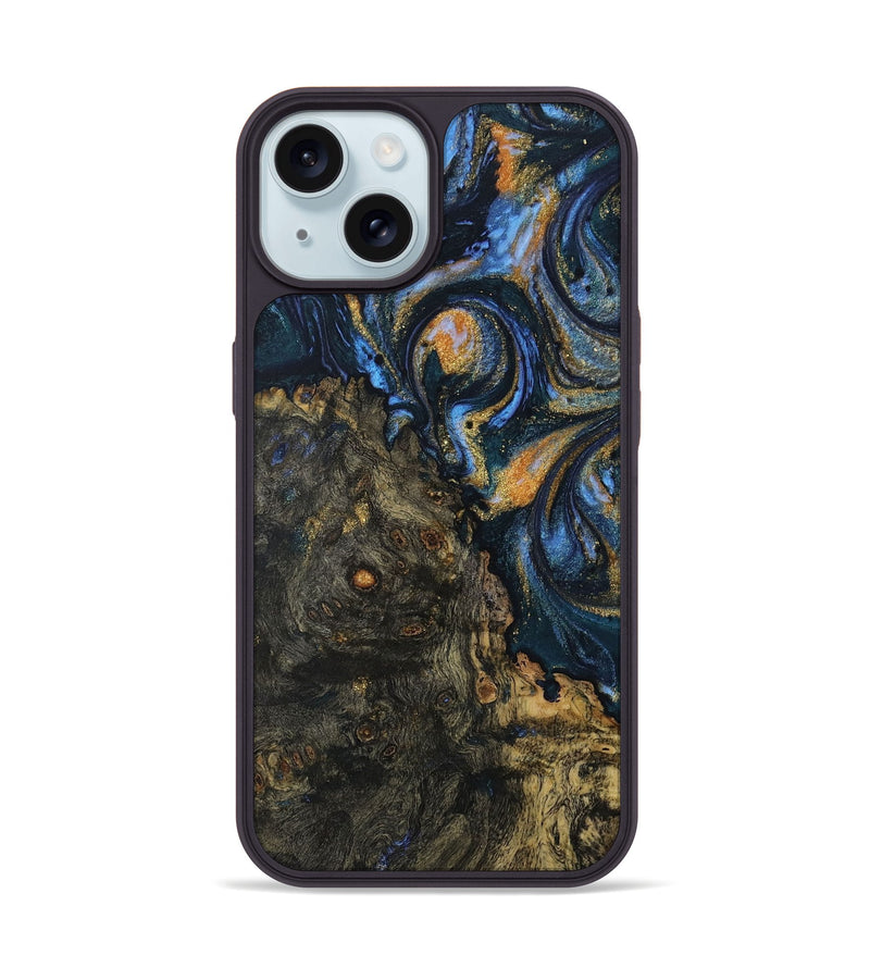 iPhone 15 Wood Phone Case - Mikhail (Teal & Gold, 730219)