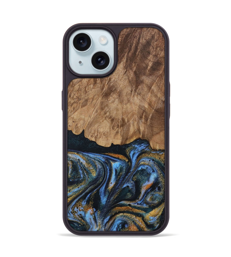 iPhone 15 Wood Phone Case - Vinay (Teal & Gold, 730240)