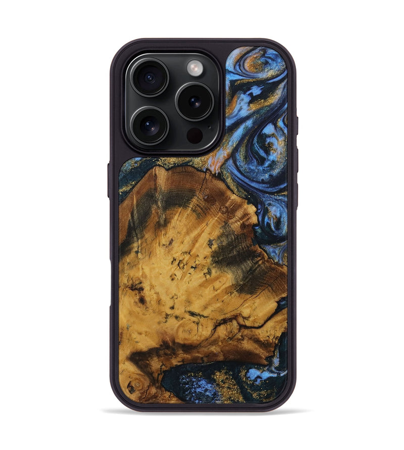 iPhone 16 Pro Wood Phone Case - Yehuda (Teal & Gold, 730242)