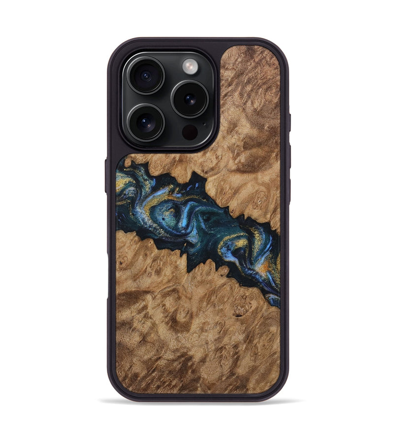 iPhone 16 Pro Wood Phone Case - Harve (Teal & Gold, 730251)