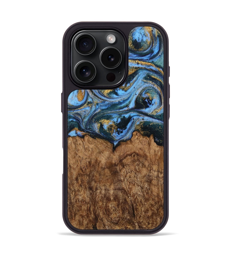 iPhone 16 Pro Wood Phone Case - Charene (Teal & Gold, 730329)