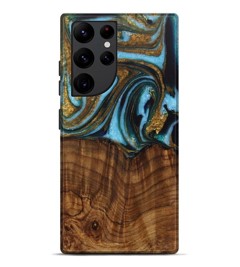 Galaxy S22 Ultra Wood Live Edge Phone Case - Roobbie (Teal & Gold, 730340)