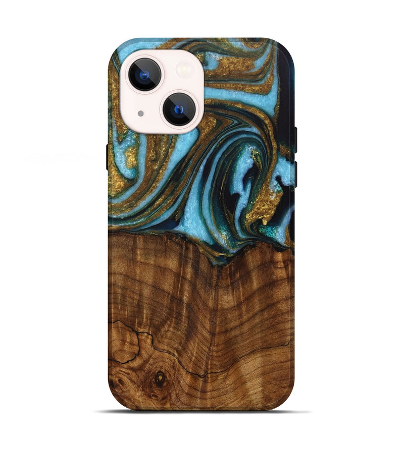 iPhone 13 Wood Live Edge Phone Case - Roobbie (Teal & Gold, 730340)