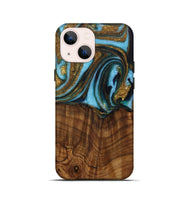 iPhone 13 mini Wood Live Edge Phone Case - Roobbie (Teal & Gold, 730340)