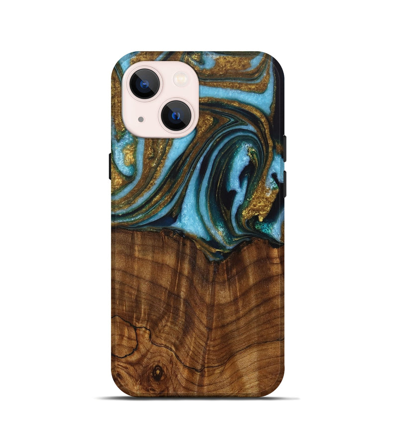 iPhone 13 mini Wood Live Edge Phone Case - Roobbie (Teal & Gold, 730340)