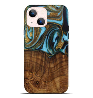 iPhone 14 Plus Wood Live Edge Phone Case - Roobbie (Teal & Gold, 730340)