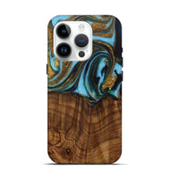 iPhone 15 Pro Wood Live Edge Phone Case - Roobbie (Teal & Gold, 730340)