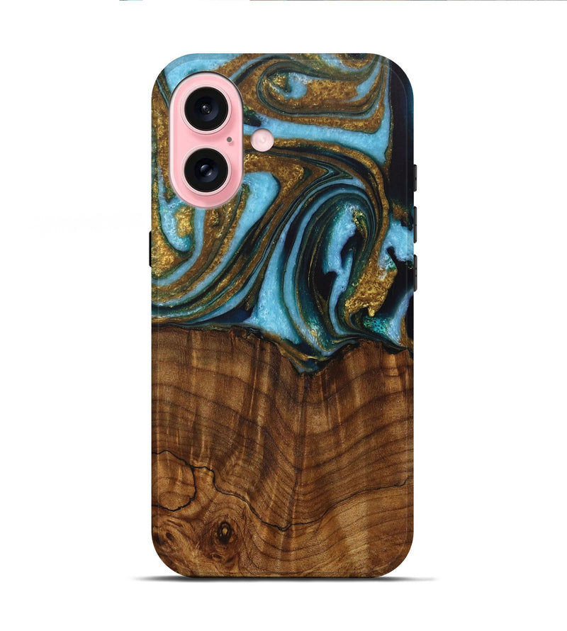 iPhone 16 Wood Live Edge Phone Case - Roobbie (Teal & Gold, 730340)