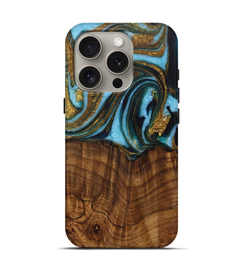 iPhone 16 Pro Wood Live Edge Phone Case - Roobbie (Teal & Gold, 730340)