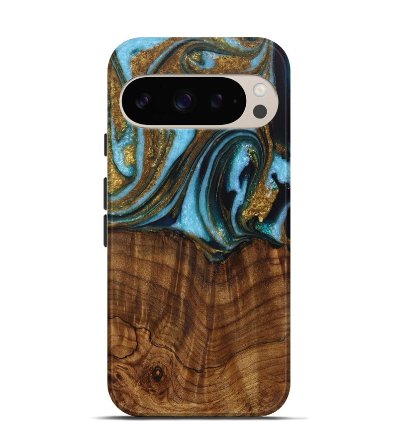 Pixel 9 Wood Live Edge Phone Case - Roobbie (Teal & Gold, 730340)